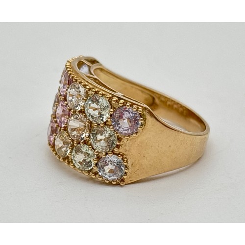 1001 - A 9ct gold wide band half eternity style ring set with a pastel rainbow spectrum of round cut spinel... 
