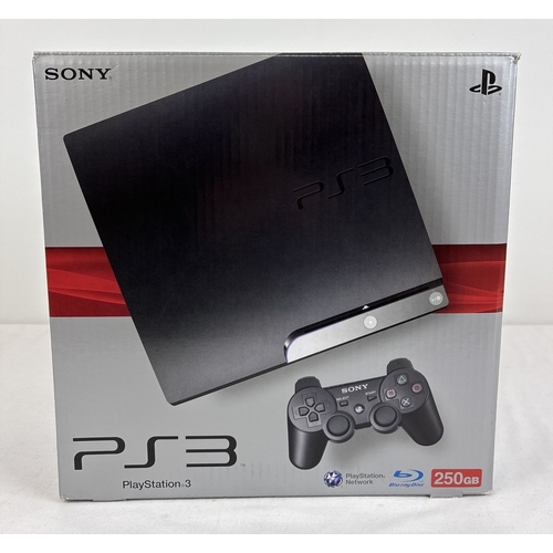 44 - A boxed Sony PlayStation 3 PS3 slimline, in black, complete & in excellent condition. 250GB console ... 