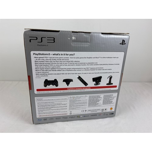 44 - A boxed Sony PlayStation 3 PS3 slimline, in black, complete & in excellent condition. 250GB console ... 