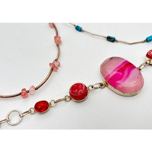 1038 - 4 pieces of silver, glass and natural stone set jewellery. A bracelet set with amber & pink banded a... 