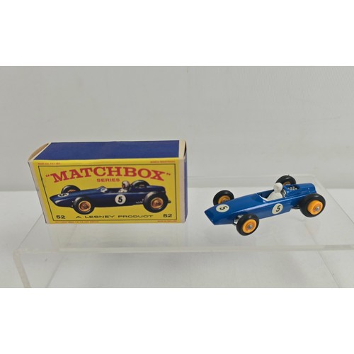 A boxed vintage Matchbox series diecast model #52 B.R.M Racing Car in blue. With yellow wheels, black tyres and race number 5 decals. Produced from 1965 - 70. Box and vehicle both in excellent condition.
