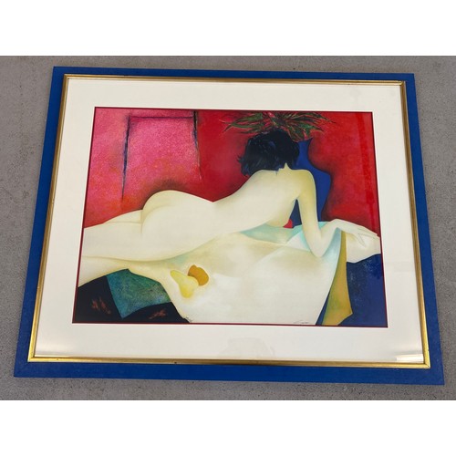 Claude Gaveau (1940 - 2021) - large Ltd edition signed & numbered lithograph depicting a reclining female nude. Possibly entitled "The Red Room". In modern blue & gilt wooden frame, and glazed. Numbered 170/175 and signed in pencil. Frame size approx. 79cm x 96.5cm.