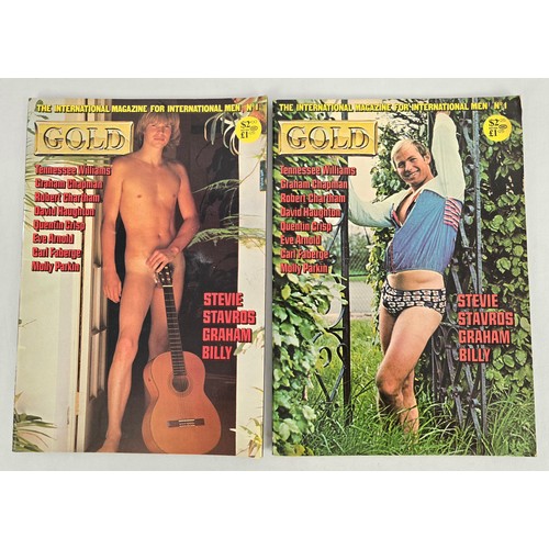 First issue #1 of Gold: The International Magazine For International Men, 1970's gay lifestyle publication from Robert T. Prior. Together with alternative front cover version of the same magazine.