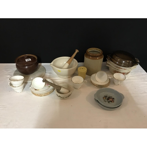 245 - 2 SHELVES OF CERAMICS TO INCLUDE A STEW POT ETC