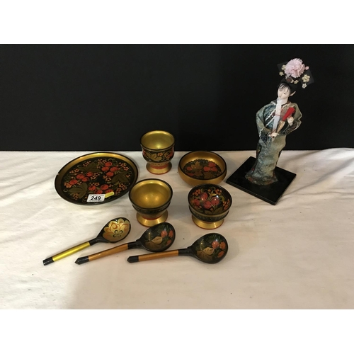 249 - ORIENTAL FIGURINE DOLL WITH A QTY OF ORIENTAL WARES