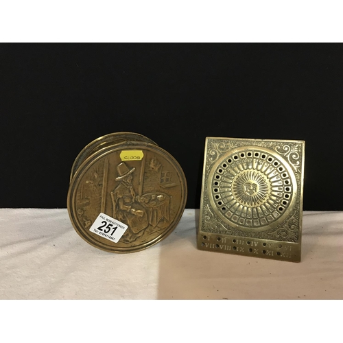 251 - BRASS BOX WITH WELSH LADY TO THE LID AND A BRASS CALLENDER