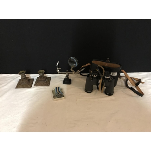 252 - PAIR OF BINOCULARS, PAIR OF CANDLESTICKS AN OBSERVERS MEDAL AND A MAGNIFYING GLASS
