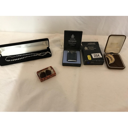 254 - SMALL QTY OF COSTUME JEWELLERY AND A RONSON VARA FLAME COMET CIGARETTE LIGHTER