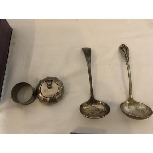265 - TIN OF COLLECTABLES TO INCLUDE A RONSON CIGARETTE LIGHTER, CUTLERY, ANTIQUE BOOK ETC