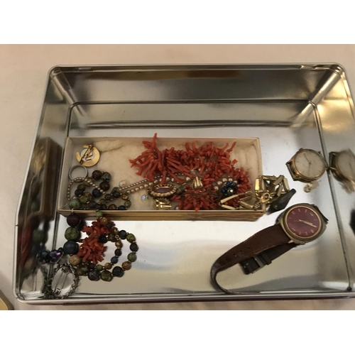 265 - TIN OF COLLECTABLES TO INCLUDE A RONSON CIGARETTE LIGHTER, CUTLERY, ANTIQUE BOOK ETC