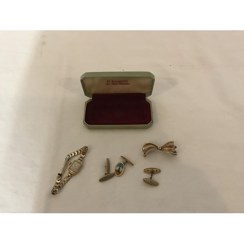 266 - LADIES 9CT GOLD WATCH AND PLATED BRACELET AND A SMALL QTY OF PLATED JEWELLERY