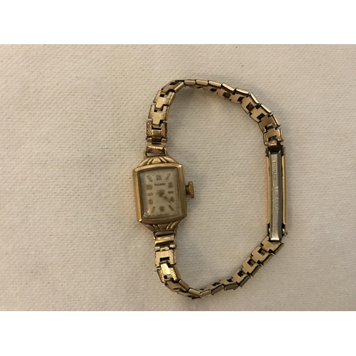 266 - LADIES 9CT GOLD WATCH AND PLATED BRACELET AND A SMALL QTY OF PLATED JEWELLERY
