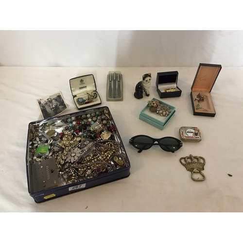 267 - TIN OF COSTUME JEWELLERY AND COLLECTABLES