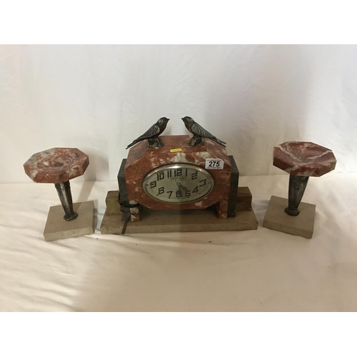 275 - FRENCH ART DECO MARBLE AND METAL CLOCK GARNITURE DECORATED WITH A PAIR OF SWALLOWS