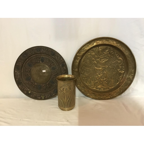 279 - 2 INDIAN STYLE WALL PLAQUES AND A BRASS VASE