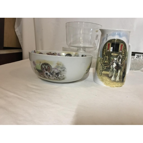 291 - QTY OF GLASSWARE TO INCLUDE FRUIT BOWLS AND DRINKING GLASSES AND CERAMICS ( 2 SHELVES)