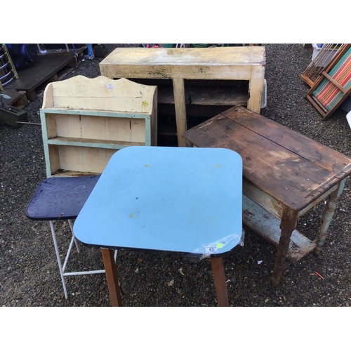 43 - OLD PAINTED PINE CABINET SHELVES A WASH STAND AND A VINT KITCHEN TABLE AND STOOL