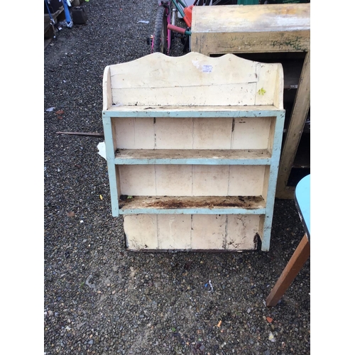43 - OLD PAINTED PINE CABINET SHELVES A WASH STAND AND A VINT KITCHEN TABLE AND STOOL