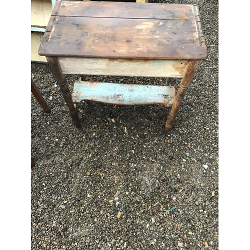 43 - OLD PAINTED PINE CABINET SHELVES A WASH STAND AND A VINT KITCHEN TABLE AND STOOL