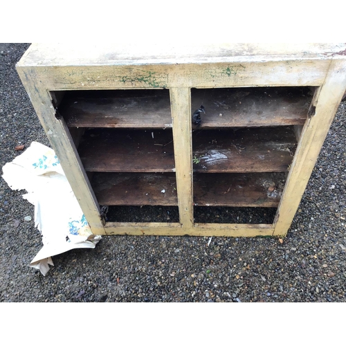 43 - OLD PAINTED PINE CABINET SHELVES A WASH STAND AND A VINT KITCHEN TABLE AND STOOL
