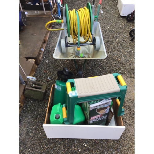 44 - WHEELBARROW HOSE PIPE ON DRUM GARDEN KNEELER ETC