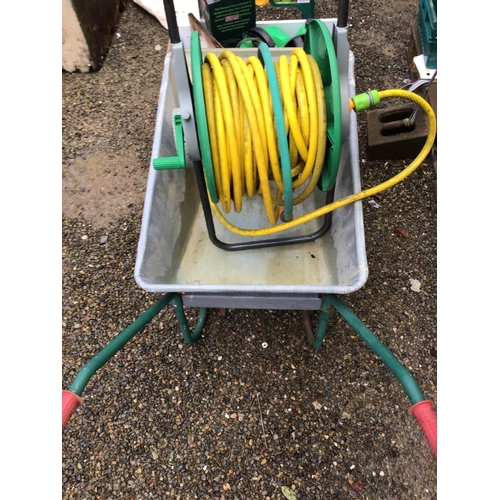 44 - WHEELBARROW HOSE PIPE ON DRUM GARDEN KNEELER ETC
