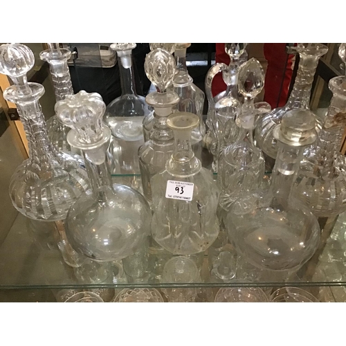 93 - LARGE QTY OF GLASSWARE TO INCLUDE DECANTERS, GOBLETS ETC