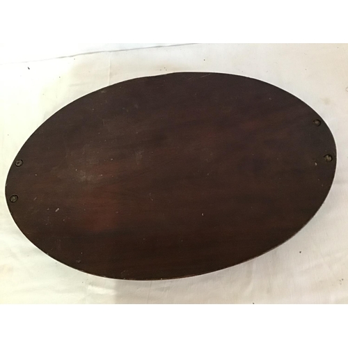 108 - BRASS HANDLED MAHOGANY INLAID GALLERY TRAY (DAMAGE TO RIM)