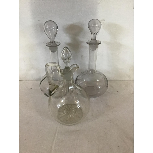 97 - QTY OF GLASS DECANTERS, 4 BOTTLE CRUET ETC