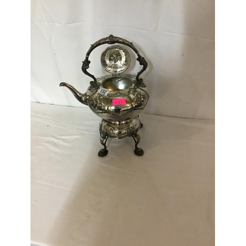 132 - GOOD QUALITY SILVER PLATE SPIRIT KETTLE ON STAND C/W WITH BURNER