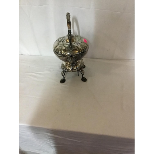 132 - GOOD QUALITY SILVER PLATE SPIRIT KETTLE ON STAND C/W WITH BURNER