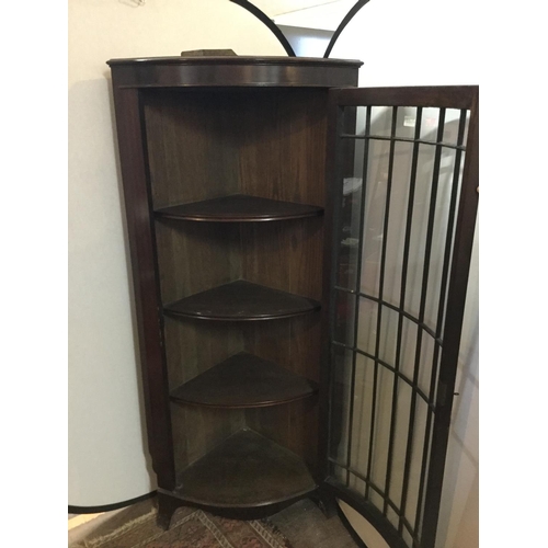 244 - EDWARDIAN 5FT 6 FLOOR STANDING BOW FRONTED GLAZED CORNER CABINET (DAMAGE TO GLASS)