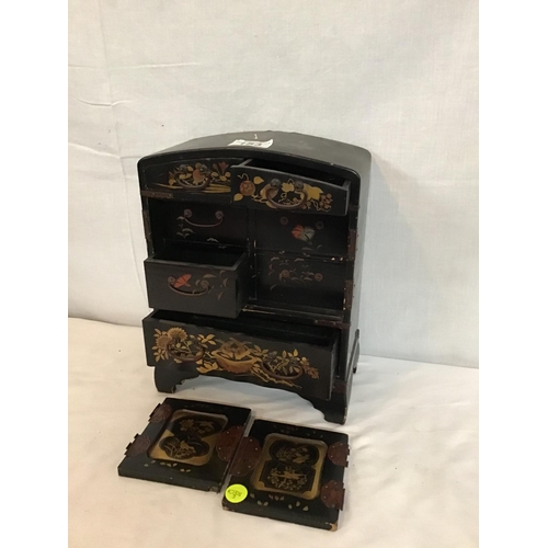 153 - MINIATURE LAQUERED CHINESE CABINET (BROKEN HINGE ON 1 DOOR)