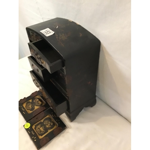 153 - MINIATURE LAQUERED CHINESE CABINET (BROKEN HINGE ON 1 DOOR)