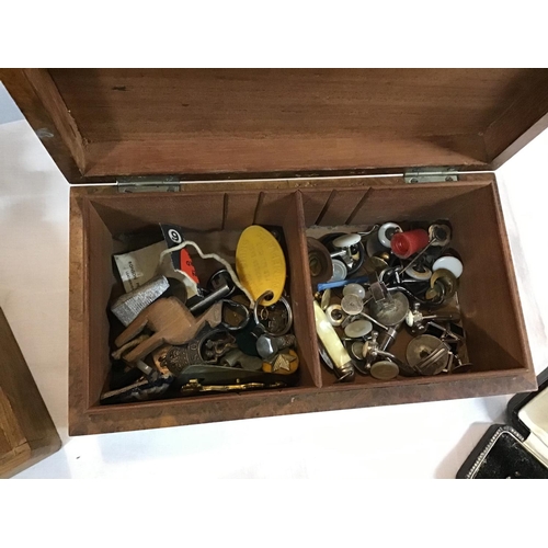 169 - 2 WOODEN BOXES TO INCLUDE BADGES, BUTTONS ETC, SOAP STONE FIGURE, TIE PIN, FOLDING RULER, 2 MEDALLIO... 