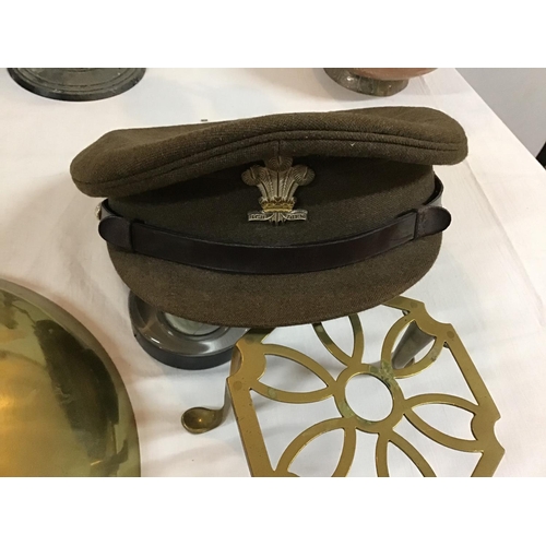 170 - MILITARY CAP, BAROMETER, PAIR OF CANDLESTICKS ETC