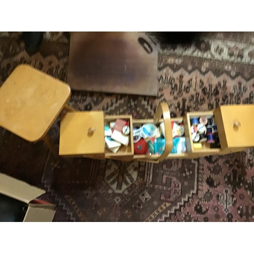 183 - LARGE QTY OF ODDS TO INCLUDE SEWING BOX, WINE RACK, CHINA ETC