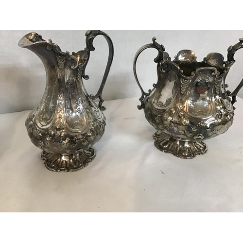 193 - GOOD QUALITY SILVER PLATED TEA POT, SUGAR BOWL, MILK JUG ON PLATED GALLERY TRAY