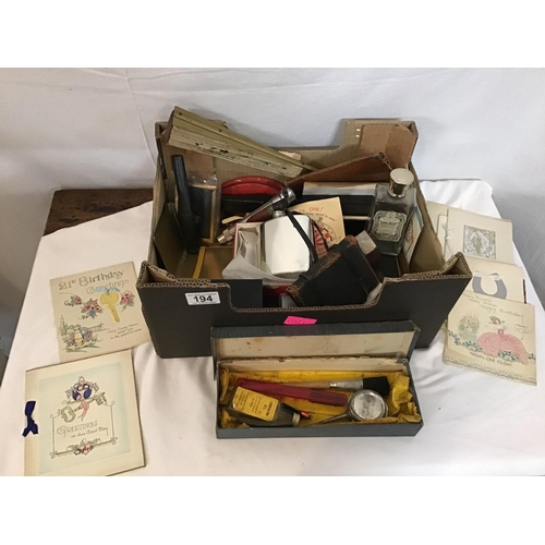 194 - BOX OF COLLECTABLE ITEMS TO INCLUDE FANS, CIGARETTE CASES, PIPES, ETC