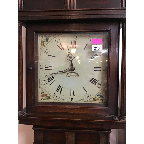 216 - VICTORIAN OAK WITH MAHOGANY CROSS BANDED 30 HOUR PAINTED FACE GRANDFATHER CLOCK - TEA PLANT NEWPORT