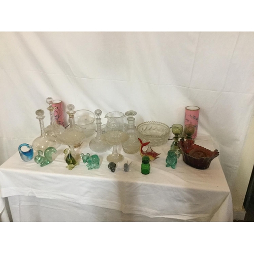 258 - 6 BOXES OF GLASSWARE TO INCLUDE COLOURED GLASS, VICT DECANTERS ETC