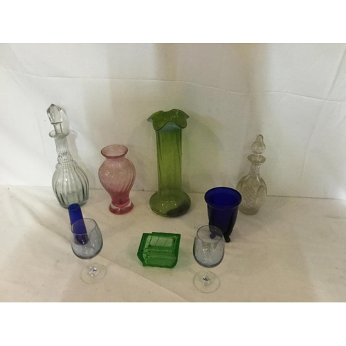 258 - 6 BOXES OF GLASSWARE TO INCLUDE COLOURED GLASS, VICT DECANTERS ETC