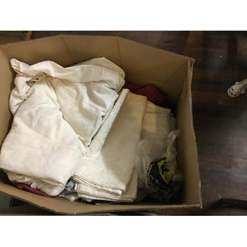 274 - 3 BOXES AND SUITCASE OF LINEN TO INCLUDE BLANKETS, SHEETS TOWELS ETC