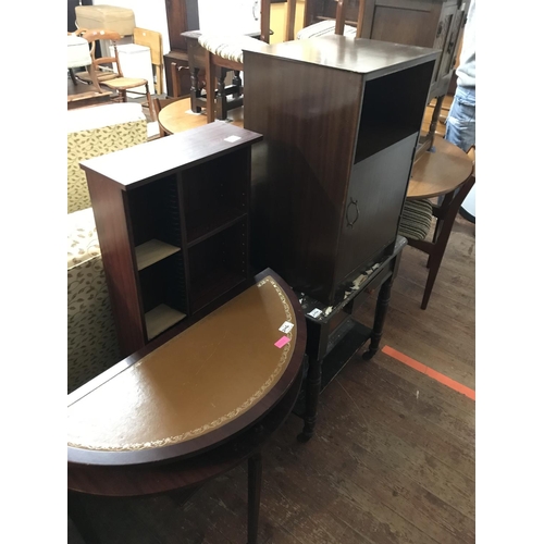 296 - VICTORIAN PINE TABLE WITH DRAWER, BEDSIDE CABINET, HALF MOON TABLE & CD RACK