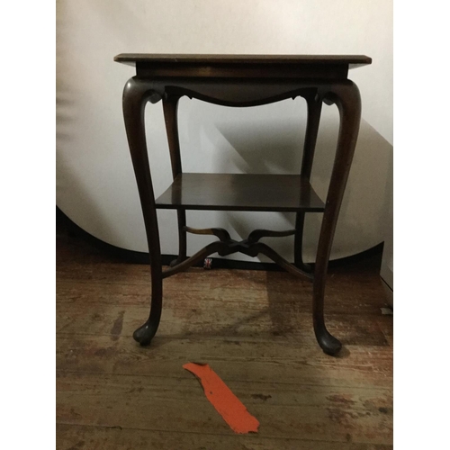 300 - EDWARDIAN MAHOGANY STRETCHERED WINDOW TABLE ON CABRIOLE LEGS