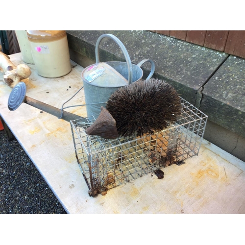 10 - VINT GALVANISED WATERING CAN, RAT TRAP AND HEDGEHOG BOOT CLEANER