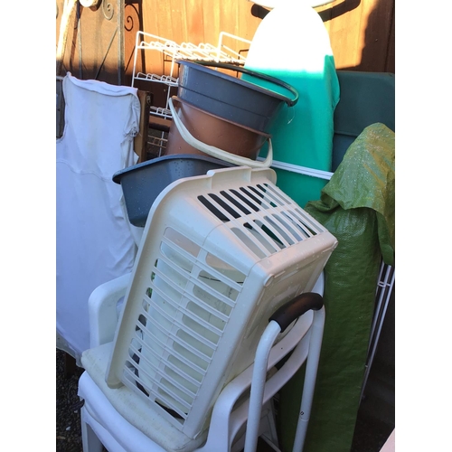 12 - QTY OF KITCHEN ITEMS TO INCLUDE VINT IRONING BOARD, PLASTIC BUCKETS, FOLDING CHAIR, GARDFEN BROLLY E... 