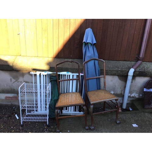 14 - 2 STAIR GATES, GARDEN BROLLY AND 2 CHAIRS ETC