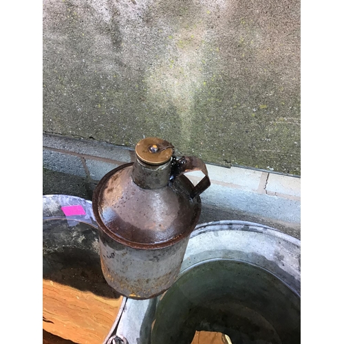 4 - 2 VINT GALVANISED BUCKETS AND A VINT OIL CAN WITH BRASS LID