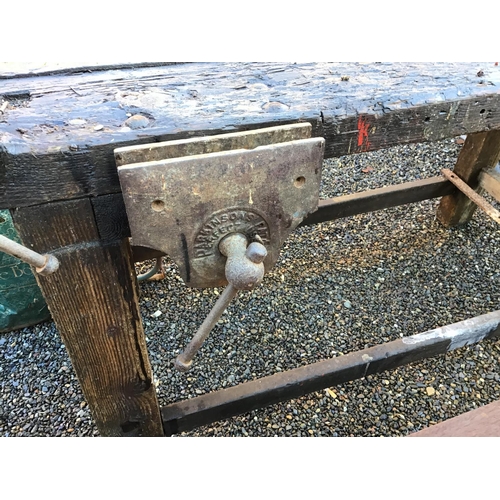 28 - LARGE VINT WORK BENCH WITH 2 VICES